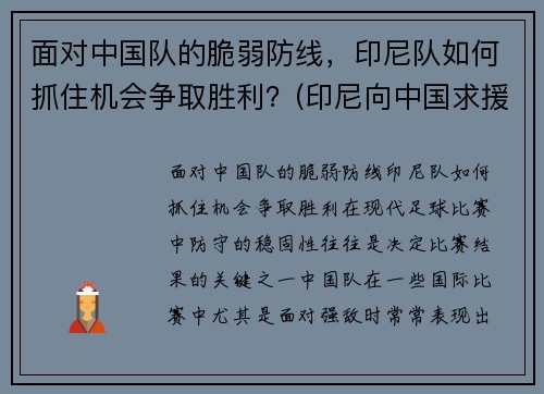 面对中国队的脆弱防线，印尼队如何抓住机会争取胜利？(印尼向中国求援)