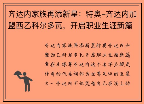 齐达内家族再添新星：特奥-齐达内加盟西乙科尔多瓦，开启职业生涯新篇章