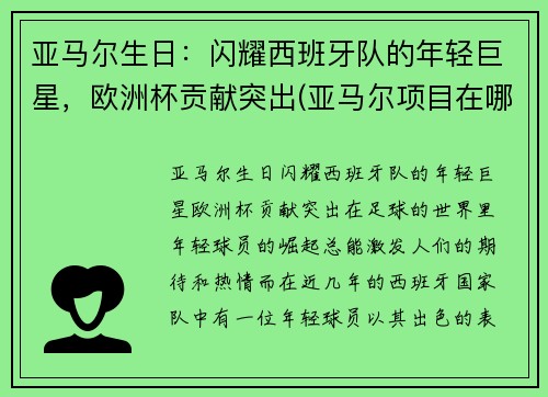 亚马尔生日：闪耀西班牙队的年轻巨星，欧洲杯贡献突出(亚马尔项目在哪)