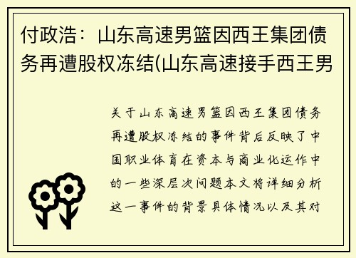 付政浩：山东高速男篮因西王集团债务再遭股权冻结(山东高速接手西王男篮)