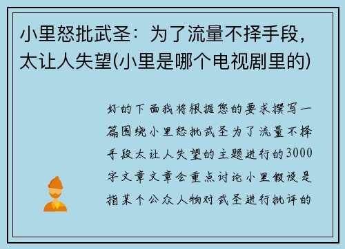 小里怒批武圣：为了流量不择手段，太让人失望(小里是哪个电视剧里的)