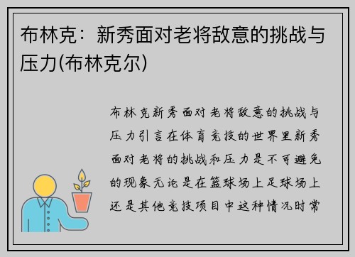 布林克：新秀面对老将敌意的挑战与压力(布林克尔)