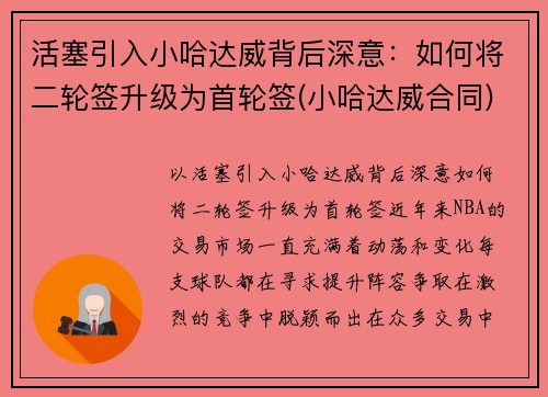 活塞引入小哈达威背后深意：如何将二轮签升级为首轮签(小哈达威合同)